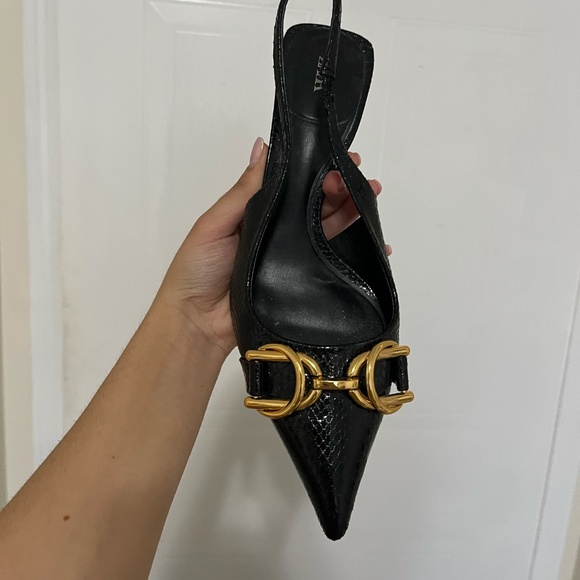 Zara Black Croc Leather, Slingback Kitten Heel, Gold Chain - Picture 3 of 4